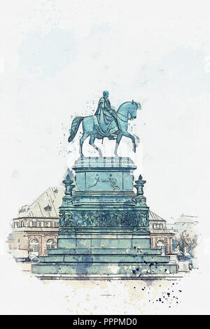 Un disegno ad acquerello o illustrazione. Egli statua del re Johann sassone di Dresda in Germania. Foto Stock