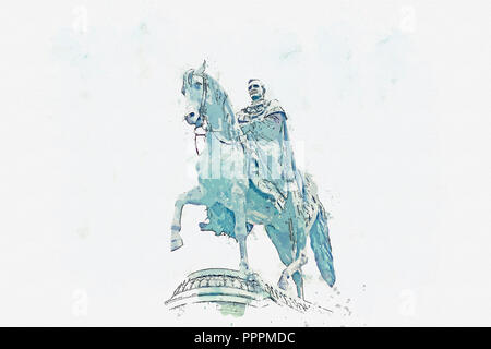 Un disegno ad acquerello o illustrazione. Egli statua del re Johann sassone di Dresda in Germania. Foto Stock