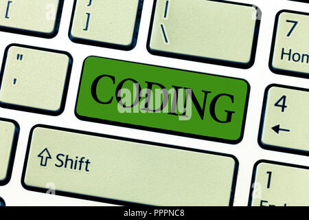 La scrittura della nota mostra la codifica. Business photo presentazione di assegnazione di codice per qualcosa per la classificazione di identificazione. Foto Stock