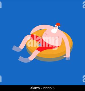 Babbo Natale sul anello gonfiabile. Vacanze di Natale in mare. Il riposo e il relax. Anno nuovo illustrazione vettoriale Illustrazione Vettoriale