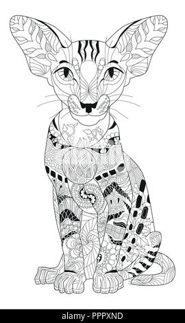 Cat zentangle stile con linee pulite per il libro da colorare per anti stress, t-shirt design, tattoo e altre decorazioni Illustrazione Vettoriale