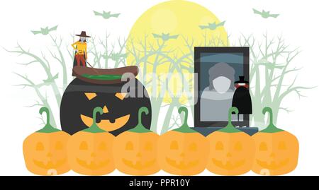 Il minimo scary scena per il giorno di Halloween, 31 ottobre, con i mostri che includono dracula, strega donna. Illustrazione di vettore isolato su sfondo bianco. Illustrazione Vettoriale