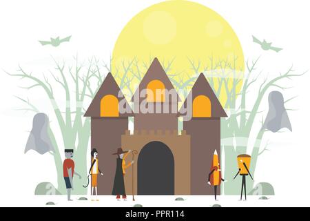 Il minimo scary scena per il giorno di Halloween, 31 ottobre, con i mostri che includono vetro, frankenstein, ombrello, strega donna, cat. Illustrazione Vettoriale iso Illustrazione Vettoriale