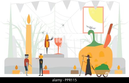 Il minimo scary scena per il giorno di Halloween, 31 ottobre, con i mostri che includono vetro, uomo di zucca, frankenstein, ombrello, strega donna. Illustra il vettore Illustrazione Vettoriale
