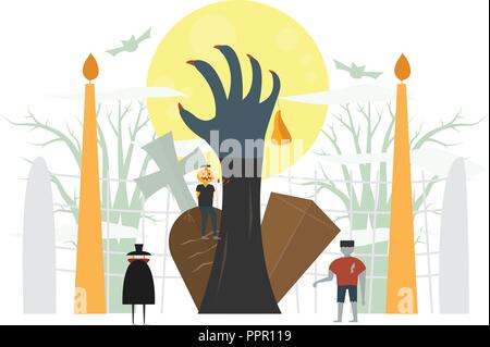Il minimo scary scena per il giorno di Halloween, 31 ottobre, con i mostri che includono dracula, uomo di zucca, Frankenstein. Illustrazione di vettore isolato sulla Pentecoste Illustrazione Vettoriale