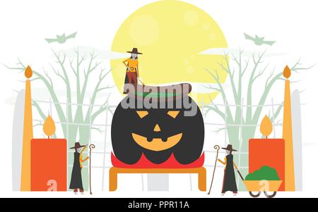 Scena minima per il giorno di Halloween, 31 ottobre, con i mostri che includono strega donna. Illustrazione di vettore isolato su sfondo bianco. Illustrazione Vettoriale
