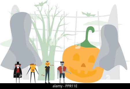 Scena minima per il giorno di Halloween, 31 ottobre, con i mostri che includono dracula, uomo di zucca, Frankenstein. Illustrazione di vettore isolato sul retro bianco Illustrazione Vettoriale