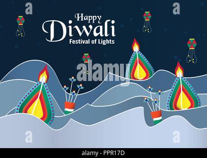 Sfondo di invito per il Diwali, la festa delle luci di indù. Illustrazione Vettoriale design in carta tagliata e stile di artigianato. Illustrazione Vettoriale