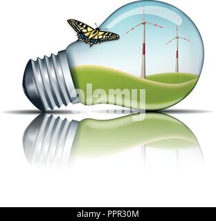 Le turbine eoliche in una lampadina con sull'esterno di vetro una farfalla, energia verde concetto concetto ambientale Illustrazione Vettoriale