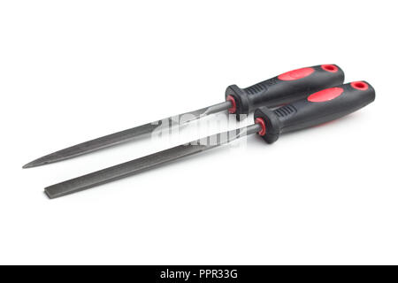 La raspa in acciaio e impugnatura in plastica. File isolati su sfondo bianco. Foto Stock