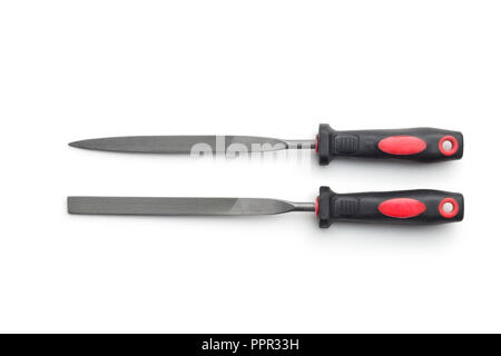 La raspa in acciaio e impugnatura in plastica. File isolati su sfondo bianco. Foto Stock