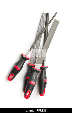 La raspa in acciaio e impugnatura in plastica. File isolati su sfondo bianco. Foto Stock
