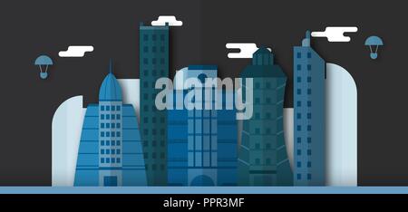 Pop up progettazione di edifici urbani e la futura città di notte. Illustrazione Vettoriale con uno stile piatto. Illustrazione Vettoriale
