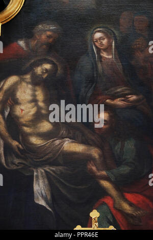 La deposizione di Cristo dalla croce, pala nella chiesa di San Bartolomeo di Leutershausen, Germania Foto Stock