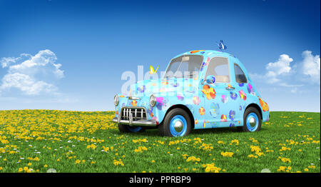 Cartoon auto su un prato. 3D illustrazione Foto Stock
