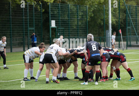 Due signore squadre di rugby giocando contro ogni altra durante una entra nella mischia in una partita di rugby Foto Stock