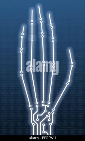 Mano le ossa in PCB-stile di layout con risplenda su un azzurro sfondo digitale. Illustrazione concettuale per la criminalità informatica illustrazione come rete hackin Illustrazione Vettoriale