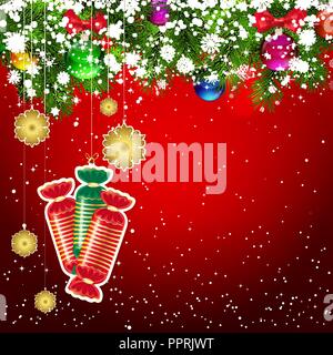 Sfondo di natale con albero di Natale rami decorato con sfere di vetro e giocattoli. Illustrazione Vettoriale