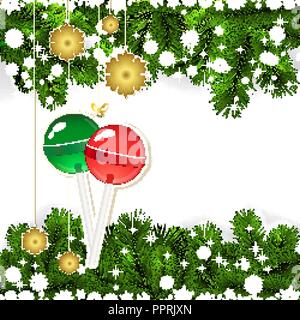 Sfondo di natale con decorazioni di Natale e verde rami di albero di Natale. Illustrazione Vettoriale