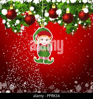 Vector Anno nuovo background di design. Scheda Modello whit rosso palle di Natale sui rami verdi . Silhouette di un albero di Natale fatto di stelle. Fallin Illustrazione Vettoriale