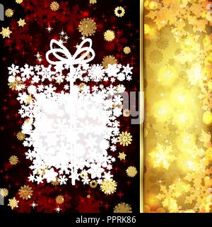 Vettore scheda di natale con decorazioni di Natale, i fiocchi di neve sul golden e sfondo rosso. Illustrazione Vettoriale