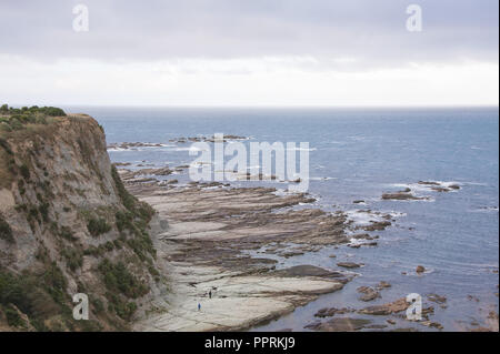 Bellissime vedute costiere da Kaikoura Peninsular passerella. Vista aerea di rocky foreshore con due escursionisti Foto Stock