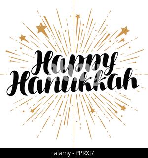 Happy Hanukkah biglietto di auguri o un banner. Festa ebraica, lettere scritte a mano vector Illustrazione Vettoriale