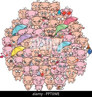 Sfondo con simpatici baby suinetti. Pastello immagine cartoon kawaii suini. Il vettore per disegnare a mano libera doodle fumetto gli Emoji art. Illustrazione per libri, stampe, d Illustrazione Vettoriale