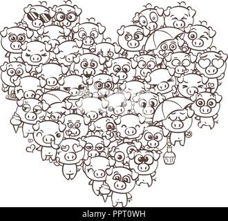 L amore lo sfondo con il simpatico baby suinetti. Pastello immagine cartoon kawaii suini. Il vettore per disegnare a mano libera doodle fumetto gli Emoji art. Illustrazione per la colorazione di bo Illustrazione Vettoriale