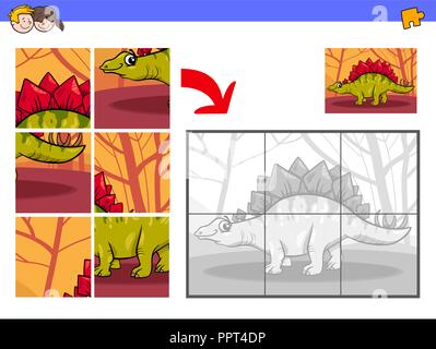 Illustrazione del fumetto di Educational puzzle game di attività per i bambini con il divertente personaggio di dinosauro Illustrazione Vettoriale