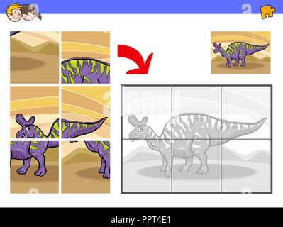 Illustrazione del fumetto di Educational puzzle game di attività per i bambini con divertenti dinosauro carattere animale Illustrazione Vettoriale