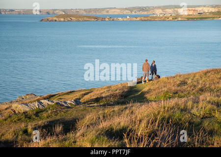 Le persone e i loro cani godendo di una passeggiata serale lungo un sentiero costiero su East pentire a Newquay in Cornovaglia. Foto Stock