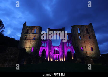 Rievaulx Abbey inondate di luce colorata in anticipo di Rievaulx illuminante, a tre notte luce e suono installazione presso l abbazia del XI secolo rovine nel North Yorkshire. Foto Stock