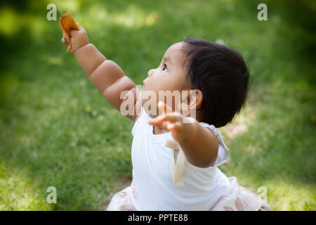 Carino chubby toddler alzando le braccia al cielo in un parco con prato verde che esprime il benessere e buona salute Foto Stock