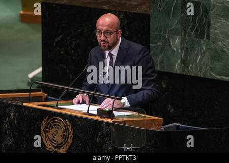 New York, Stati Uniti d'America, 27 settembre 2018. Belgio Il Primo Ministro Charles Michel affronta la 73a Assemblea generale delle Nazioni Unite presso la sede delle Nazioni Unite a New York City. Foto di Enrique Shore Credit: Enrique Shore/Alamy Live News Foto Stock