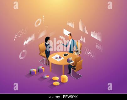 I colleghi di lavoro Ufficio concetto con caratteri. Concetto del freelancer, coworking persone, CEO business lavoro per creativi imprenditrice. Dipendente permanente spazio per gli uomini di affari. Piatto illustrazione isometrica Illustrazione Vettoriale