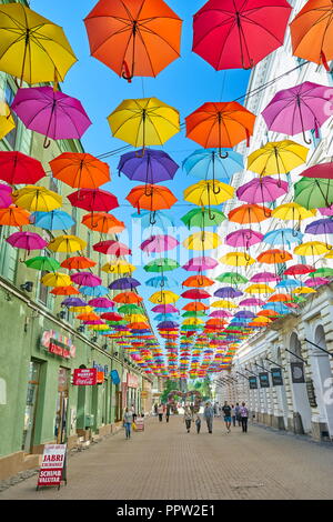 Street con ombrelloni colorati in Timisoara, Romania Foto Stock