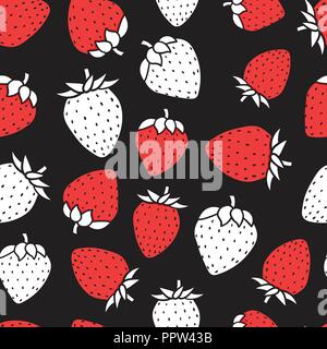 Illustrazione di Moda di un rosso e bianco fragola seamless pattern. Disegno a mano doodle black sketch. Illustrazione Vettoriale sfondo. Illustrazione Vettoriale