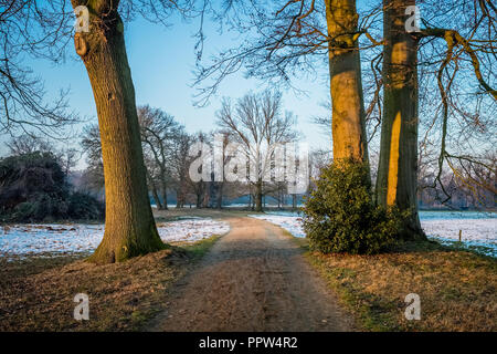 Il sole è di impostazione lentamente su un tipico paesaggio Olandese in inverno il mese di gennaio. Questo paesaggio è vicino alla città di Delden regione Twente Foto Stock