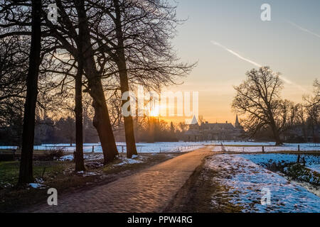 Il sole è di impostazione lentamente su un tipico paesaggio Olandese in inverno il mese di gennaio. Questo paesaggio è vicino alla città di Delden regione Twente Foto Stock