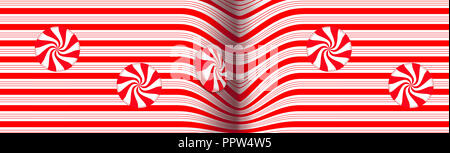 Candy Striped design con swirling rosso e bianco menta peperita dura caramella illustra il tema delle vacanze di Natale. Immagine di sfondo. Foto Stock