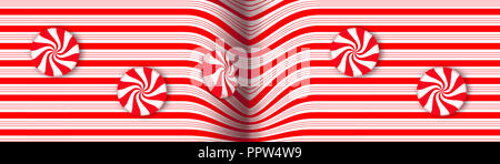 Candy Striped design con swirling rosso e bianco menta peperita dura caramella illustra il tema delle vacanze di Natale. Immagine di sfondo. Foto Stock