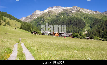 Guardando la Binntal (Vallese, Svizzera). La valle è drenata dall'Binna, un affluente del fiume Rodano e chiamato dopo Binn, l'insediamento principale Foto Stock