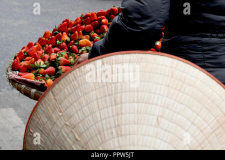 Fragole nel cestello con i fornitori tradizionali di hat in primo piano Foto Stock