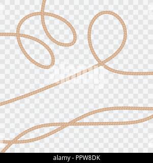 Insieme di funi realistica o stringhe, dritto e ritorto. Naturali linee ritorto con boccole isolate su uno sfondo trasparente. Vettore Illustrazione Vettoriale