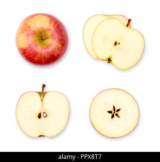 Composizione di Apple o la disposizione di intere e tagliate le mele. Vista dall'alto, la sezione trasversale di mele rosse. Set di fresche Mele tagliato sul bianco. Foto Stock