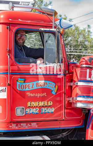 Un sorridente conducente siede nella cabina del molto prima Lopez Bros carrello della flotta, un 1982 Strada Bianca Boss prime mover che è ancora in servizio attivo oggi Foto Stock