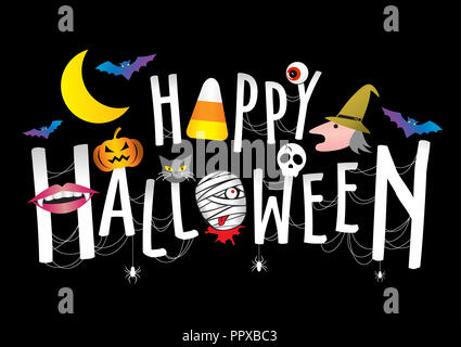 Happy Halloween carino vettore. Testa di zucca, bat mummia, cranio, strega, cat, spider, Vampire, luna, cereali caramellati su happy Halloween testo banner. Foto Stock