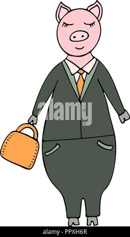 Vector handdrawn illustrazione di un imprenditore di maiale in un vestito con una valigetta. Illustrazione Vettoriale