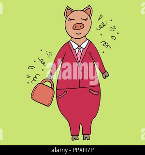 Vector handdrawn illustrazione di un imprenditore di maiale in un vestito con una valigetta. Scarabocchi. Illustrazione Vettoriale